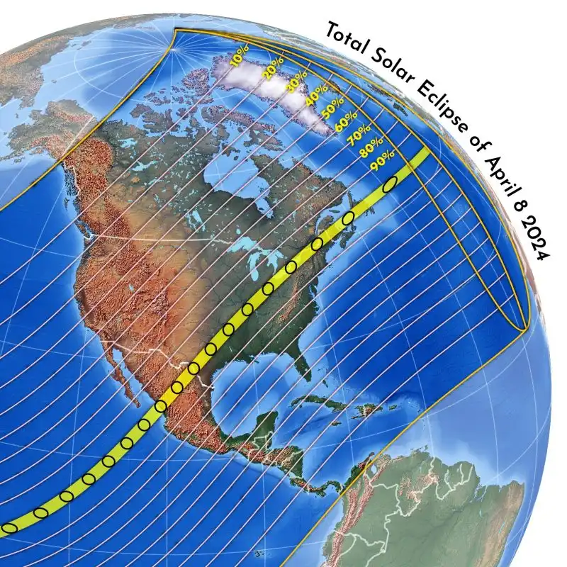 mapa del trayectoria del eclipse solar del 8 de abril 2024 mostrando zona de cobertura total hasta 10%