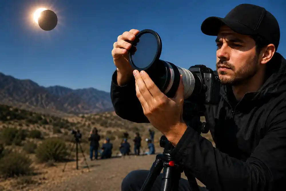 Fotógrafo instalando un filtro solar especializado en la parte frontal del objetivo de una cámara para observar un eclipse de forma segura