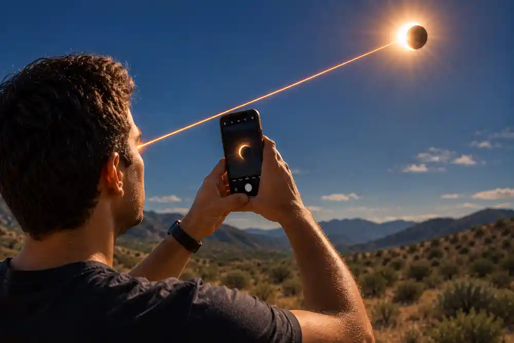 Persona fotografiando un eclipse con un celular mientras la luz solar directa puede alcanzar el ojo por un costado del teléfono